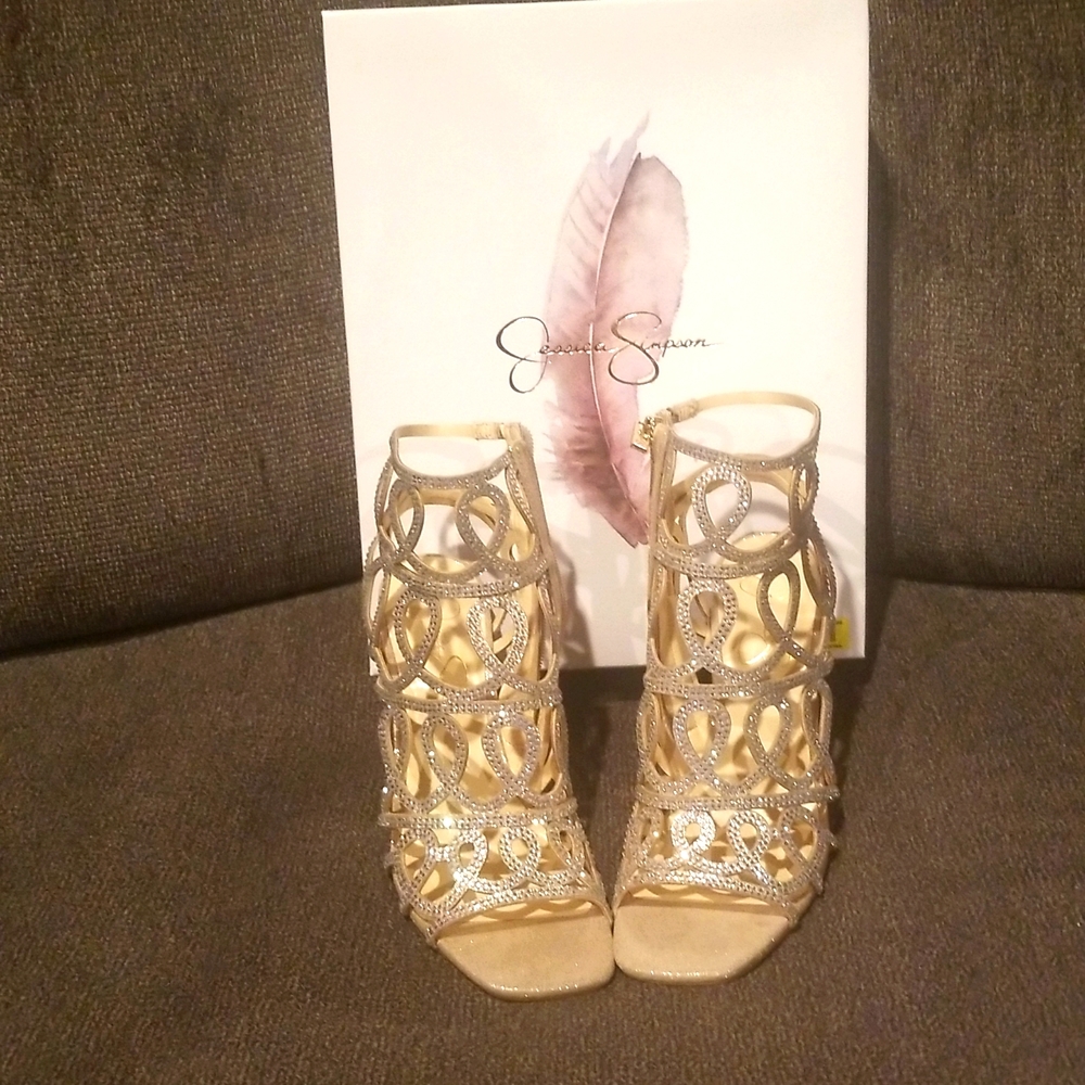 Jessica Simpson Opalite Gold Rhinestone Heels Size 9.5